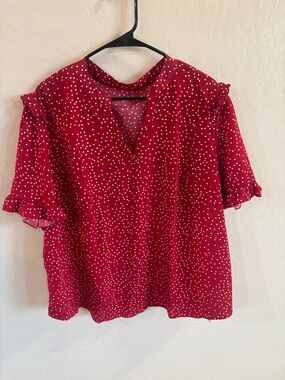 Red Polka Dot Ruffle Sleeve Women's Blouse, Lightweight V-Neck